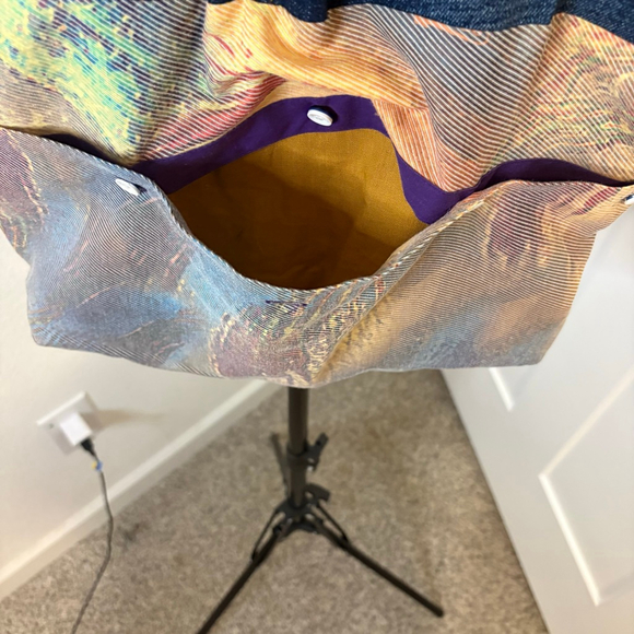 Handmade Blue Jean Tote Bag with front colorful pockets Boho Colorful - Picture 4 of 5